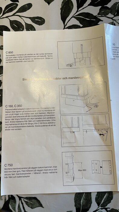 Manual med instruktioner och illustrationer för installation av fläkt och manöverpanel på kaminmodellerna C150, C350, C750, C850.