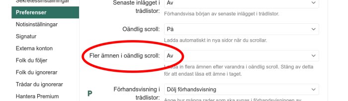 Inställningsmeny för ett forum med alternativet "Fler ämnen i oändlig scroll" avmarkerat.