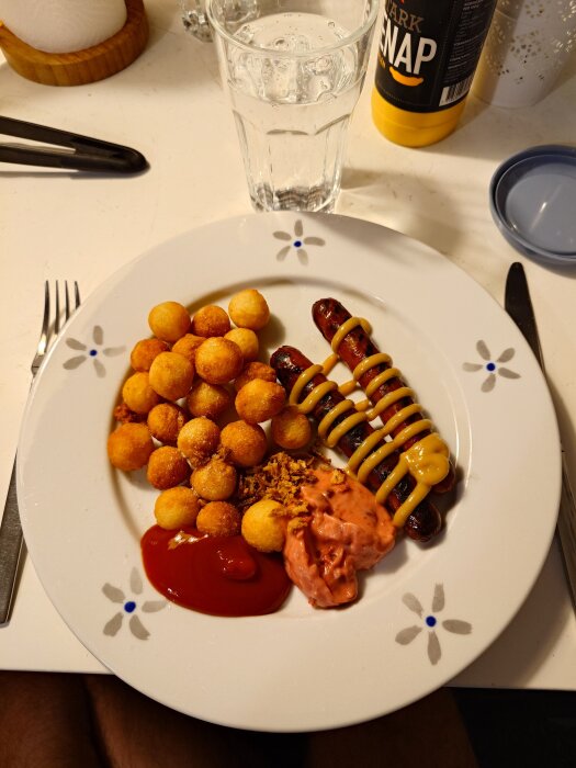 Tallrik med kroketter, grillkorv med senap, ketchup och röra, glas vatten bredvid.