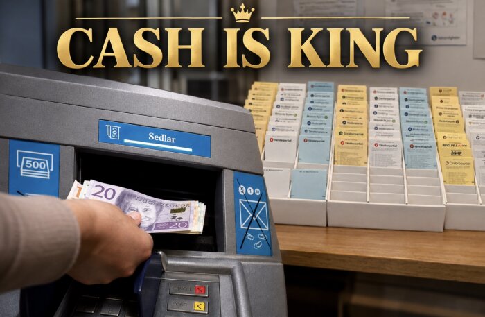 En hand tar ut svenska kronor från en bankomat. Bakom bankomaten står valsedlar organiserade i fack. Texten "Cash is King" syns ovanför.