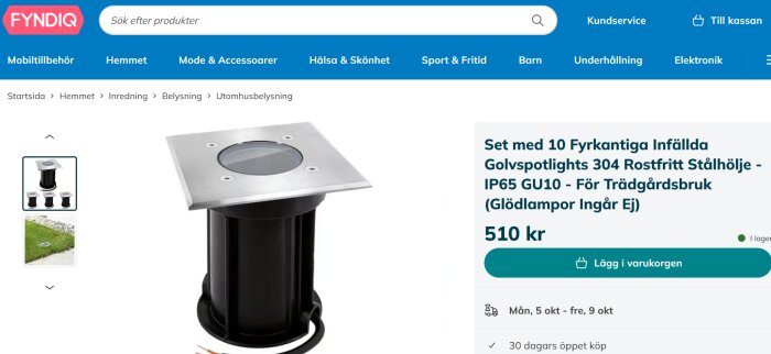 Fyrkantig infälld golvspotlight av rostfritt stål, set om 10, IP65 skyddsklass för trädgårdsbruk, utan glödlampor. 510 kr.