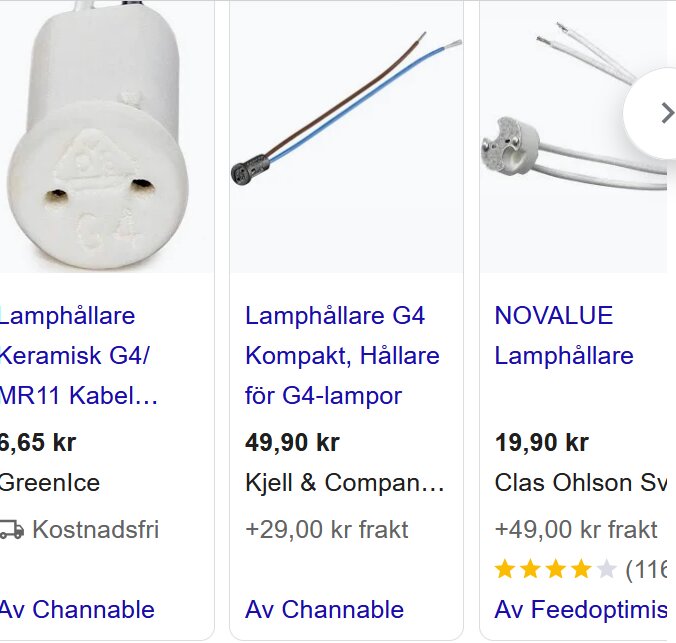 Bild av olika G4 lamphållare med priser och inköpsställen, inklusive keramiska och kompakta modeller för belysningsprojekt.
