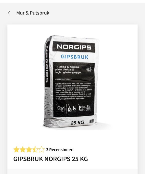 Gipspåse av märket Norgips, 25 kg, för limning av plattor på tegel och betong.
