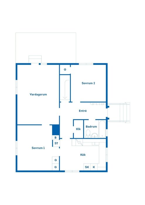 Planritning över entréplan i en 1-plansvilla med vardagsrum, två sovrum, kök, badrum, entré och klädkammare.