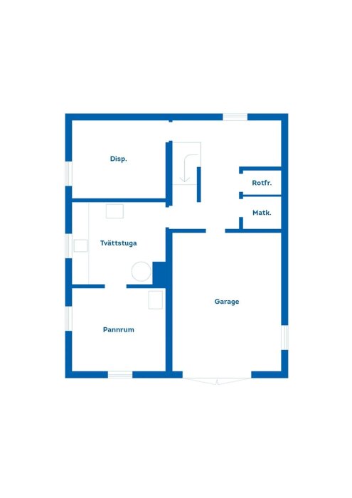 Planskiss med utrymmen märkta som garage, matförråd, rotfruktsförråd, tvättstuga, pannrum och övrigt disponibelt rum.