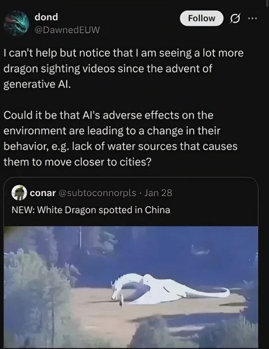 En tweet om ökande antal drakobservationer sedan AI:s utveckling, med skärmbild av en video som visar en vit drake i ett landskap.