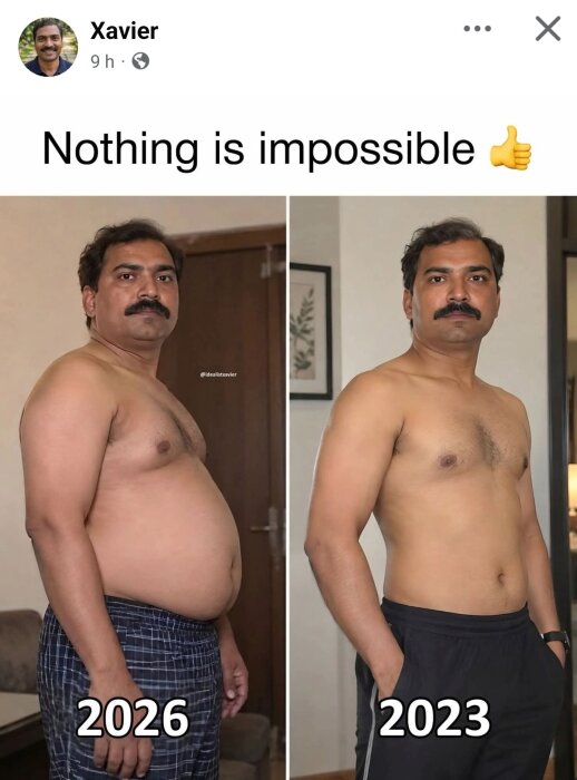Tvådelad bild med en person som ser slankare ut år 2023 jämfört med 2026, med texten "Nothing is impossible".