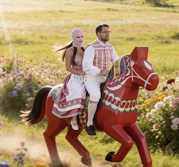 Man och kvinna i traditionella kläder på en dalahästhäst i blommig omgivning, kvinnan bär en rosa mask.