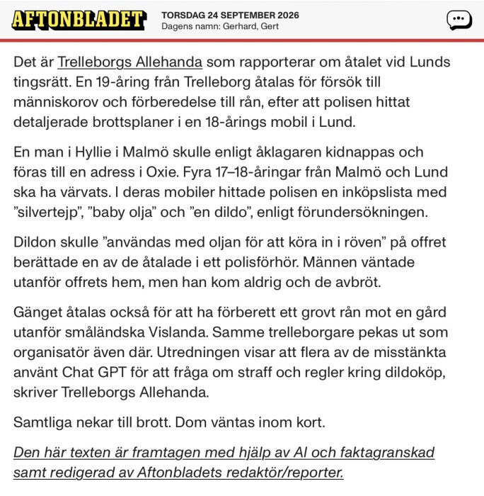 Upplaga av Aftonbladet från 24 september 2026 rapporterar om ett åtal för försök till människorov i Trelleborg.