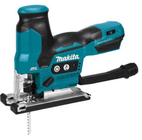 Blå och svart Makita sticksåg med borstlös motor, liggande på en vit bakgrund.