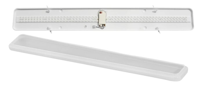 LED-armatur med avtagbart lock, visad uppifrån och i genomskärning, exponerande lampor och anslutningar i en rektangulär, vit hölje.