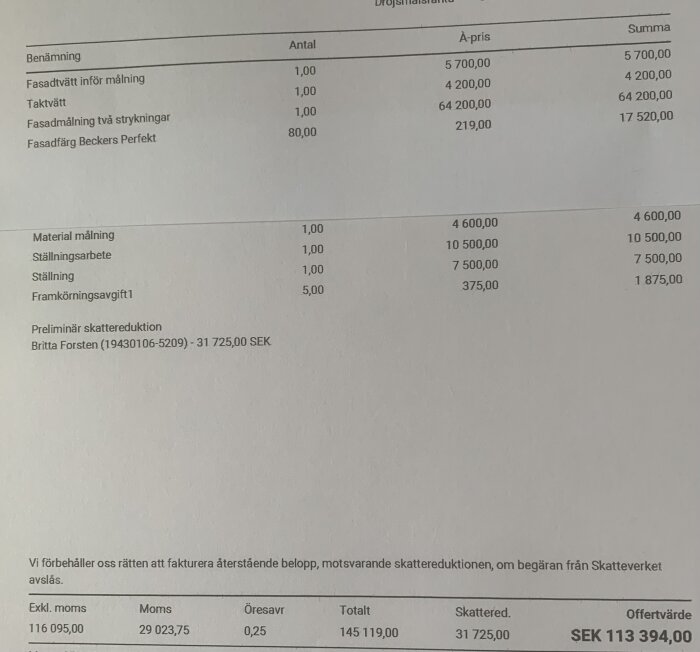 Offert för målningsjobb med detaljer som fasadtvätt, taktvätt, ställningsarbete och preliminär skattereduktion. Total offertvärde: 113 394 SEK.