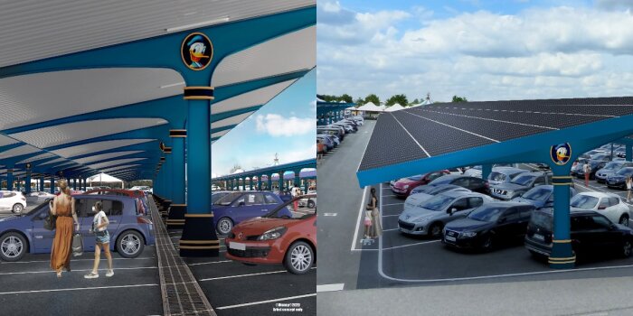 Två bilder som visar parkeringsyta täckt av solcellspaneler, den vänstra bilden är skapad digitalt, medan den högra visar den verkliga installationen.
