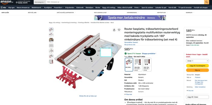 Routerbord basplatta för träbearbetning med tryckplatta och 180 graders vinkelmätare, set med flera delar, visas på Amazons produktsida.