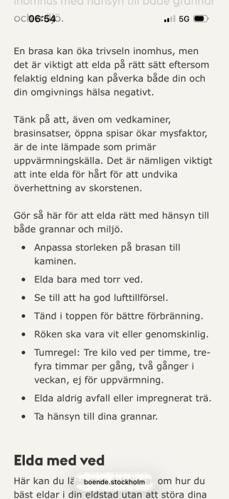 Text om eldningsråd och vedhantering från Miljöförvaltningen Stockholm.