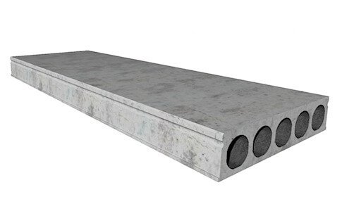 Betongplatta med ihåligheter, troligen håldäck, med flera runda hål längs ena sidan, ofta använd i byggprojekt för stabilitet och viktminskning.