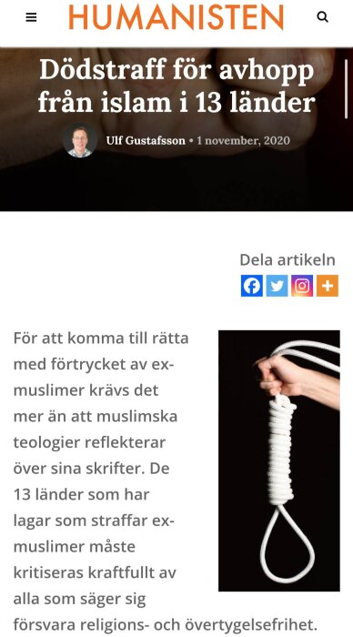 Omslag av artikel från Humanisten om dödsstraff för avhopp från islam i 13 länder, med bild på en hand som håller en snara.