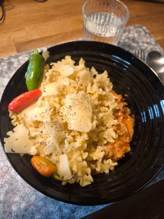 En tallrik med pasta toppad med ost, köttsås och färska chilis. Ett glas vatten och bestick syns i bakgrunden.