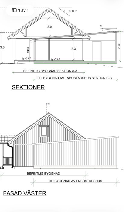 Bygglovsritning för garage med sektioner och västfasad, visar takkonstruktion och fasaddetaljer.