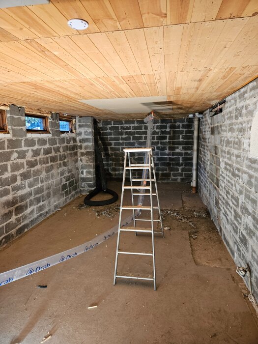 Källare under renovering med synliga träpaneler i taket, en stege står i rummet och en stor dammsugarslang finns i bakgrunden.