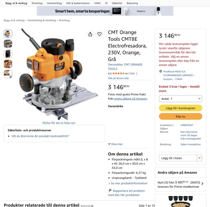 CMT Orange Tools CMT8E fräs på en förborrad platta, annonserad på Amazon med pris och produktdetaljer synliga.
