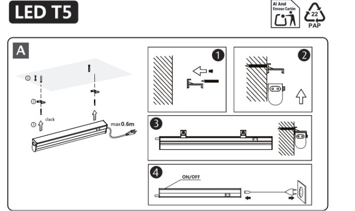 Monteringsdiagram för LED T5-lampa visar stegen för att installera lampan på väggen och koppla in strömkabeln, med instruktioner och illustrationer.