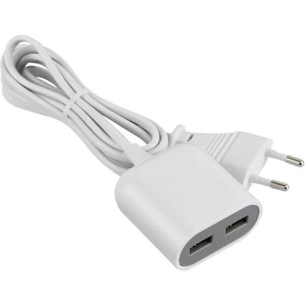 Vit väggladdare med två USB-portar och europeisk kontakt, avsedd för laddning av två enheter samtidigt.