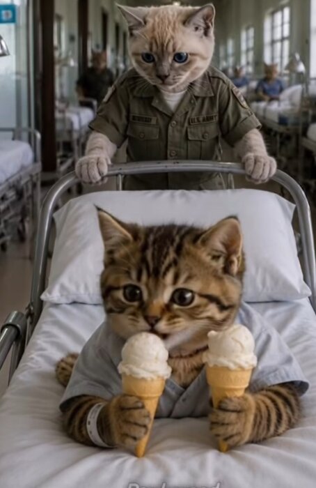 Två katter i sjukhusmiljö, en i en säng med två glassar, den andra i militäruniform vid fotänden.