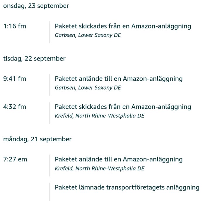 Paketets fraktspårningsinformation med datum och tider för transport mellan Amazon-anläggningar i Tyskland.