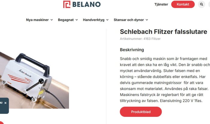 Schlebach Flitzer falsstängare visas på en produktwebbsida med en bild av maskinen på en kopparyta. Beskrivning och artikelnummer syns bredvid.