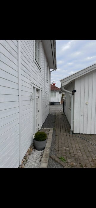 Två vita byggnader med plåttak och takrännor. Frågor om takanslutning och vattenavrinning finns i inlägget.