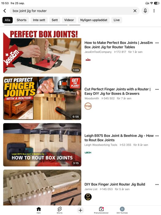 YouTube-sökning med videor om box joint jiggar för routers, inklusive tutorials och tips för perfekta fogar.