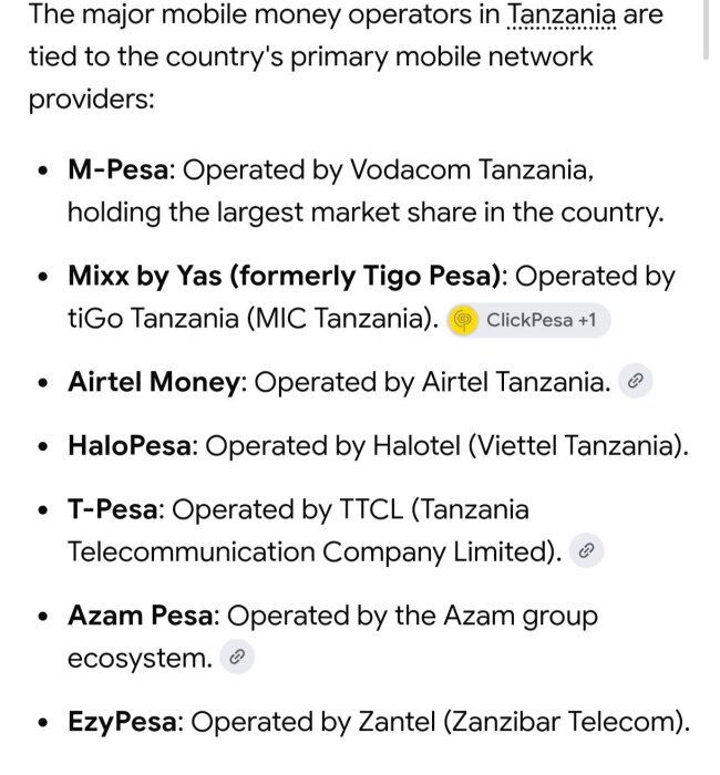 Lista över mobila penningoperatörer i Tanzania med tillhörande mobilnätleverantörer, inklusive M-Pesa och Airtel Money.
