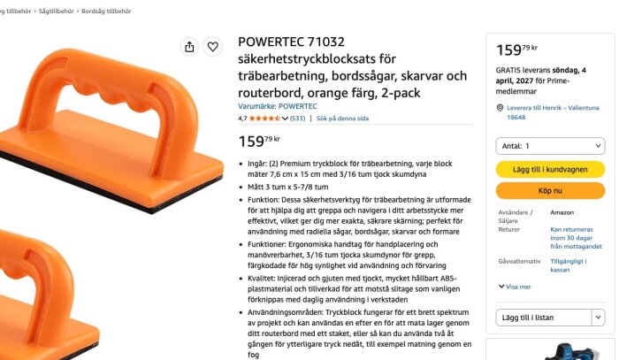 Orange säkerhetstryckblock för träbearbetning från Powertec, modell 71032, visas på en produktsida med pris och leveransinformation.