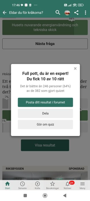Quizresultat visar "Full pott, du är en expert!" med 10 av 10 rätt. Alternativ för att posta resultatet i forumet, dela eller göra om quizet.