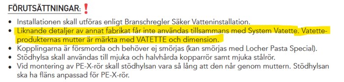 Regler och förutsättningar för installation av Vatette-produkter, med varning om att inte blanda med andra fabrikat, och krav på märkning av mutter.