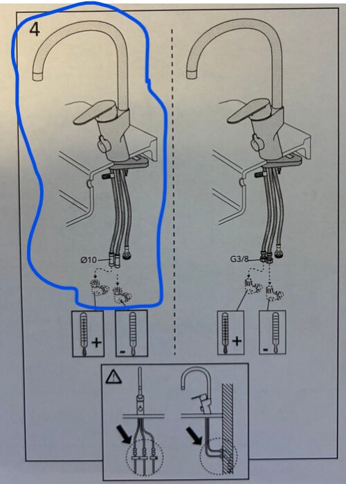 Instruktionsbild för att installera en köksblandare med två anslutningar, ö10, och schematiska illustrationer av monteringsstegen.