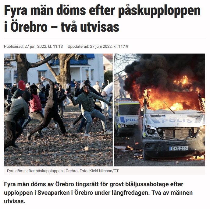 Människor som springer i en park och en brinnande polisbil under upplopp i Örebro.