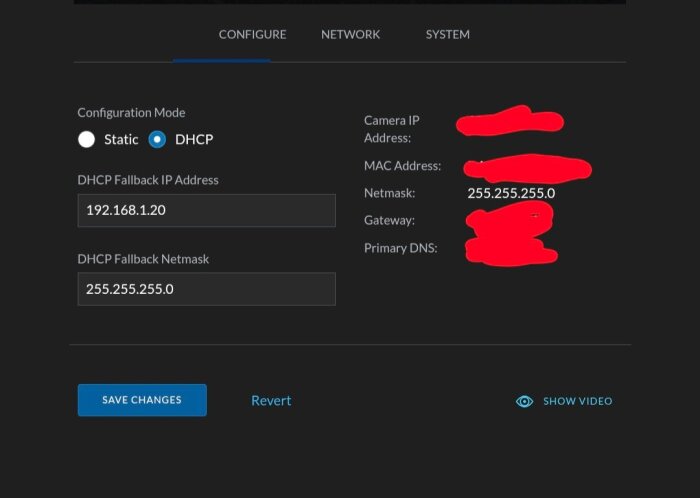 Konfigurationsskärm för nätverksinställningar av Ubiquity-kameror med alternativ för DHCP och statisk IP-adress.