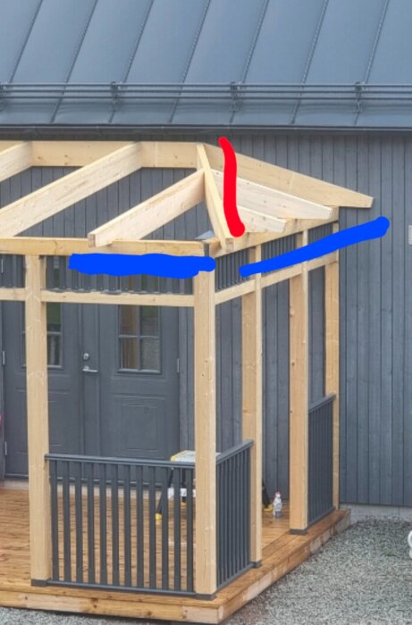 Träram av veranda under konstruktion med takstolar markerade i blått och rött, som visar dess position och utformning mot husets vägg.