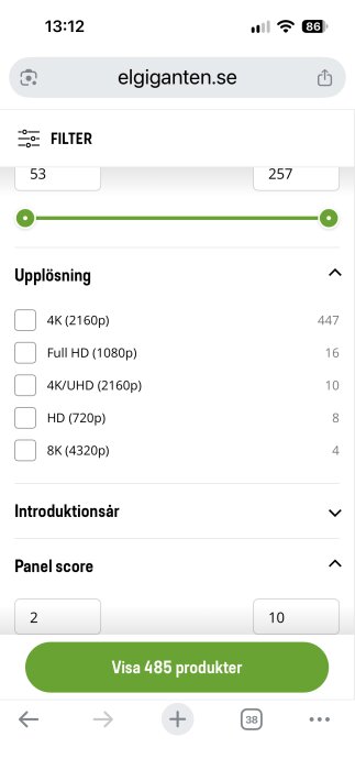 Filtreringsalternativ för TV-upplösningar hos Elgiganten, visar antal modeller i olika upplösningar från HD till 8K.