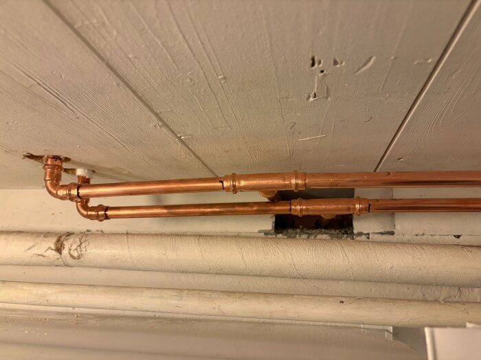 Nya kopparrör för ett tvårörssystem monterade i källartaket, med vita äldre rör synliga i bakgrunden.