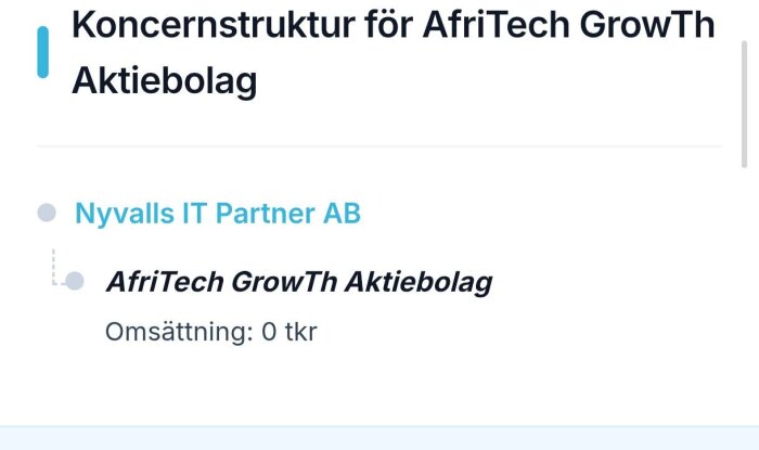 Koncerndiagram visar Nyvalls IT Partner AB och dotterbolaget AfriTech GrowTh Aktiebolag med omsättning 0 tkr.
