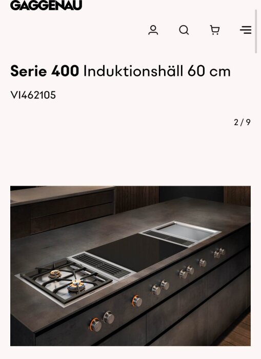 Gaggenau Serie 400 induktionshäll med gasplattor och vred, monterad i en modern köksö i mörkt trä och metall.