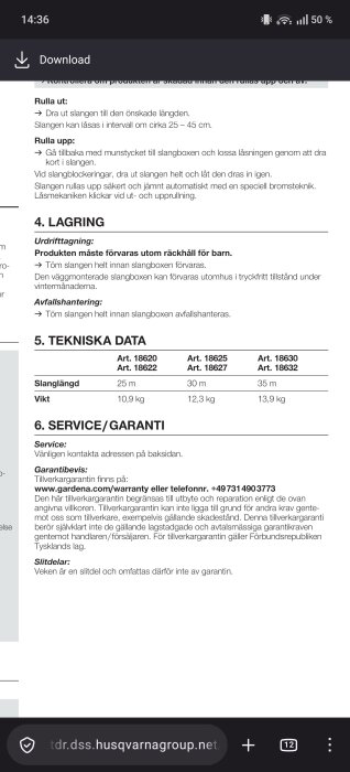 Instruktionsmanual med text om användning, förvaring och tekniska data för en Gardena slangbox.