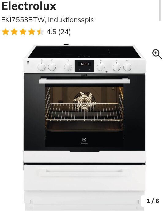 Electrolux EKI7553BTW induktionsspis med vred och ugn, 70 cm bred. Visar en modern köksspis för effektiv matlagning.