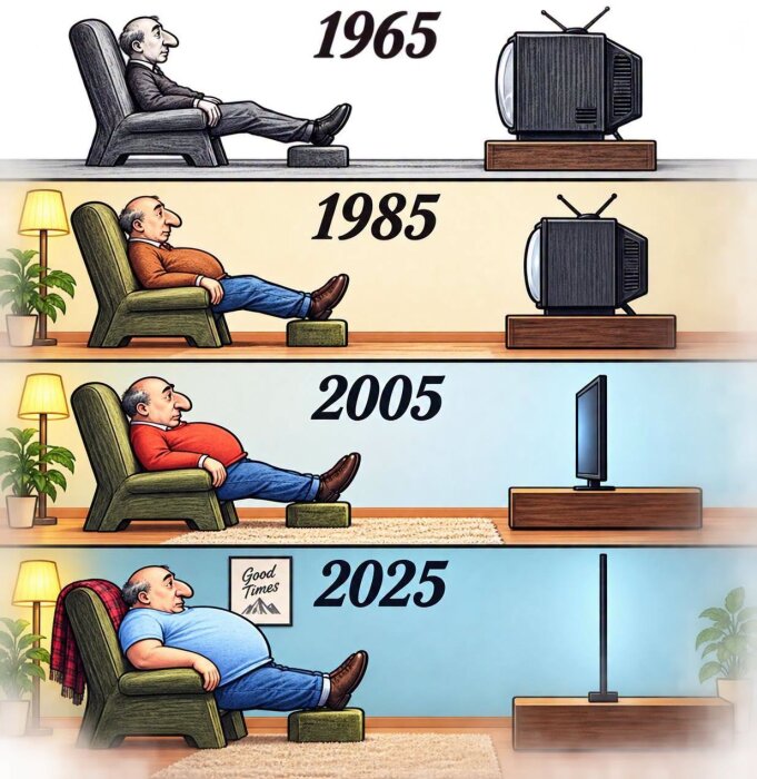 Utveckling av TV-apparater och en man mellan 1965 och 2025. Från stor tjock TV till tunn platt-TV. Manens viktökning över tid.