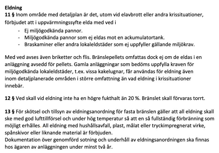 Bild av text som beskriver lokala hälsoföreskrifter för eldning i Hörby kommun, inklusive regler för ved och miljökrav.