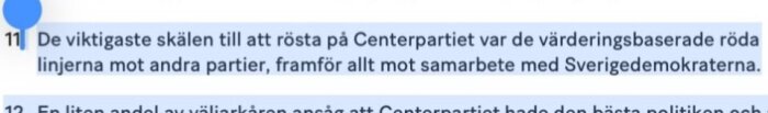 Text om Centerpartiets värderingar och motstånd mot samarbete med Sverigedemokraterna enligt valanalys.