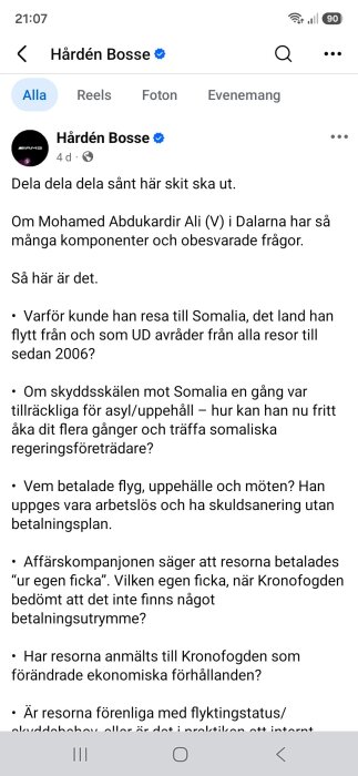 Skärmbild av ett Facebook-inlägg från Hården Bosse med frågor kring resor och asylskäl för en politiker i Dalarna och kommentarer kring ekonomiska förhållanden.